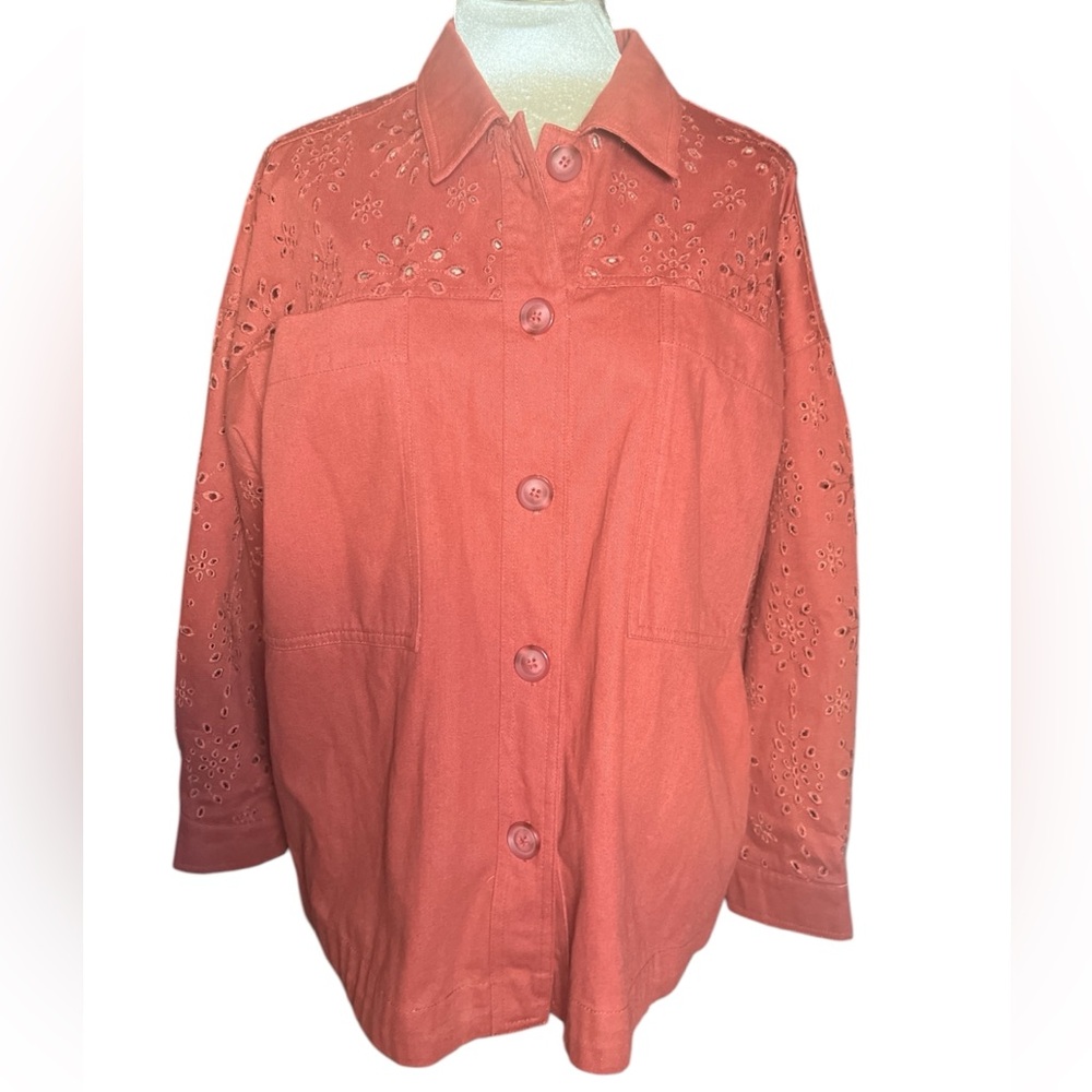 Solitaire for  Anthropologie eyelet Rust Brown denim button down shacket L